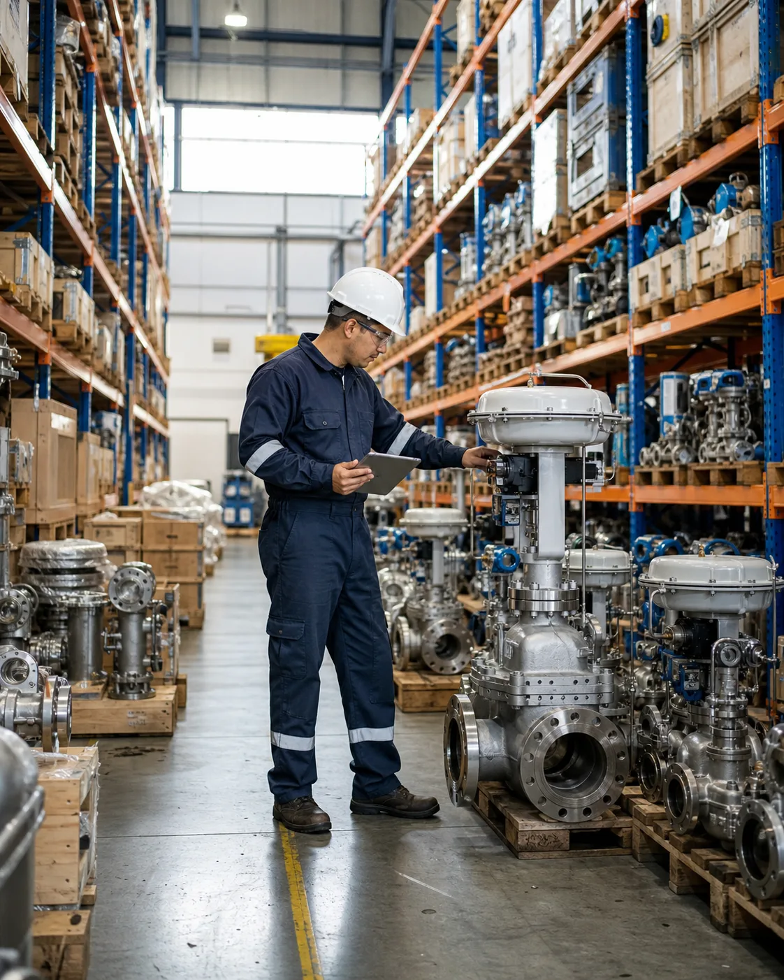 Técnico revisando válvulas y repuestos industriales en almacén