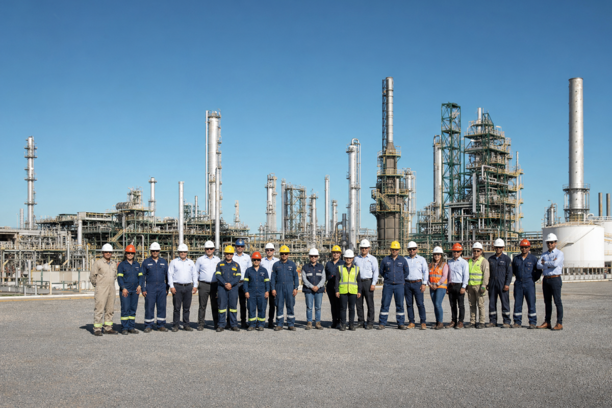 Grupo de trabajadores industriales frente a una refinería