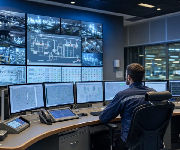 Sala de control industrial con sistemas SCADA y HMI